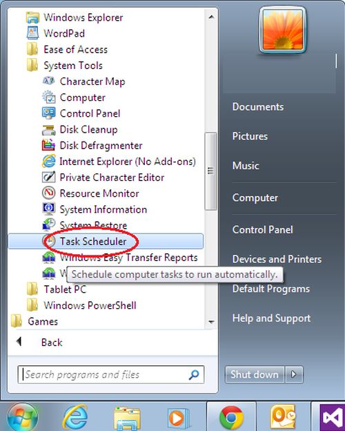 Task scheduler in startmenu